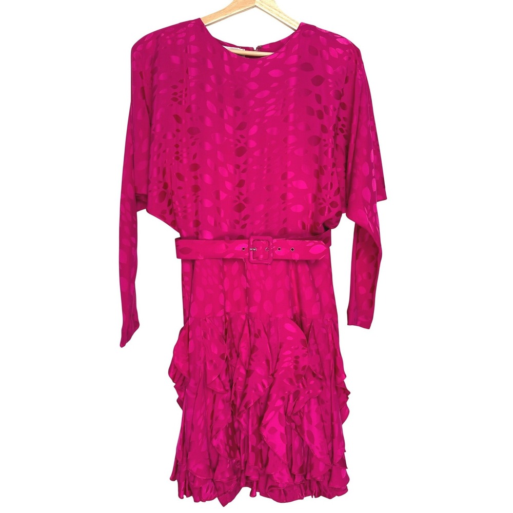 Vintage Gillian Belted 80s‎ Ruffle Skirt Printed Pink Silk Dress